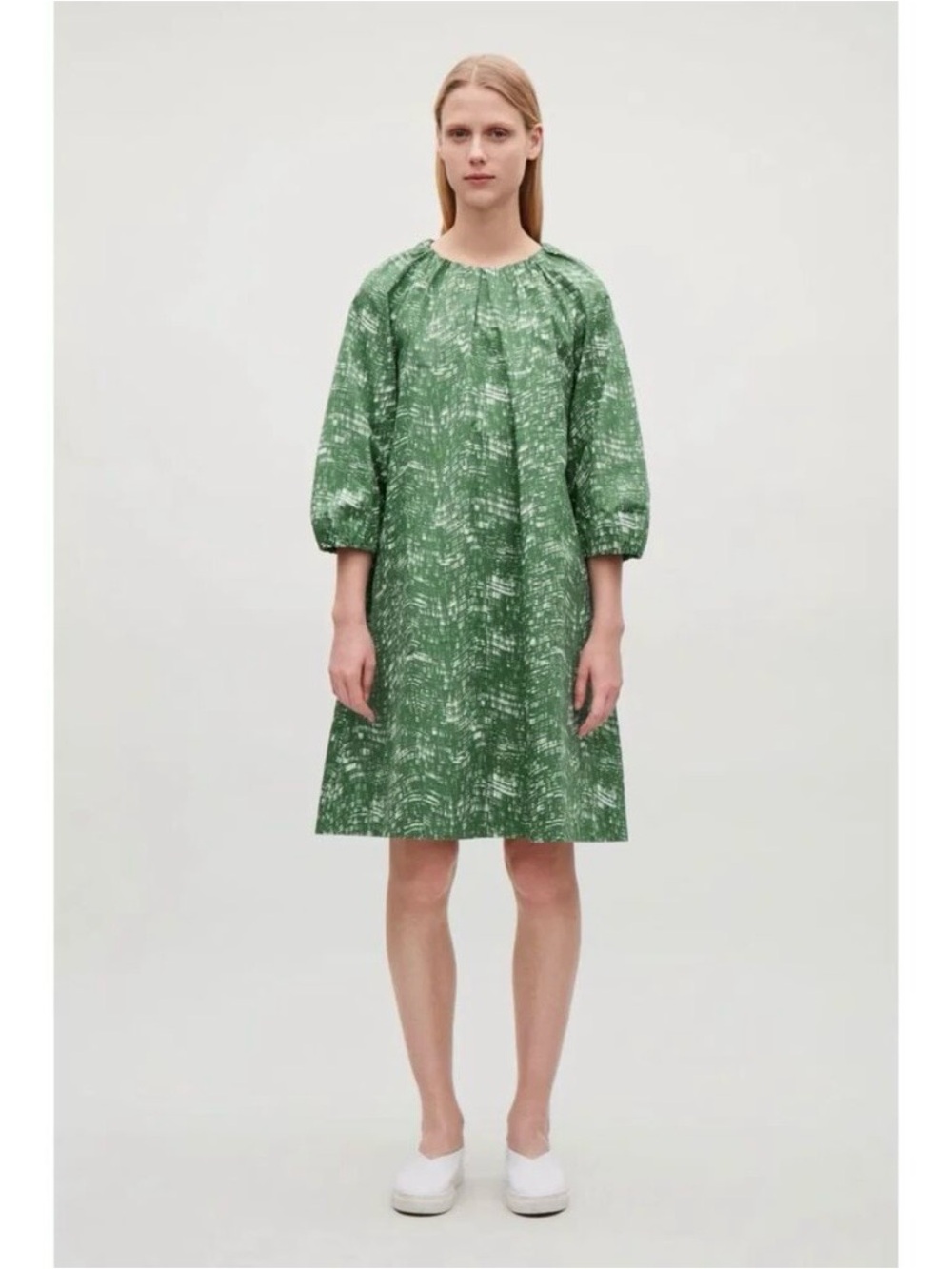 COS Elastic Detailed Twill Dress Size 4 Green A-line Puff Sleeve Mini Length